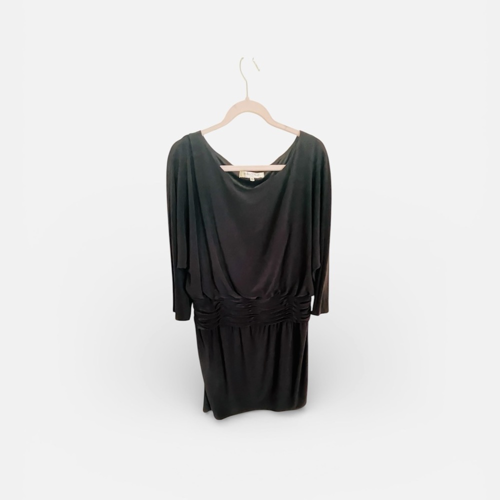 Evan Picone Black Blouson Dress Women’s Size 16 Ruched Waist Dolman Sleeve